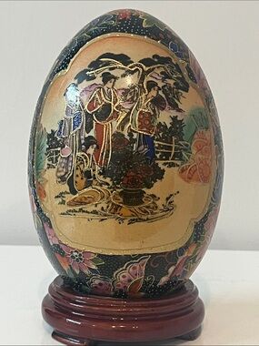 Vintage K.O.K. Chinese HandPainted Porcelain Satsuma - Style -Egg on Stand